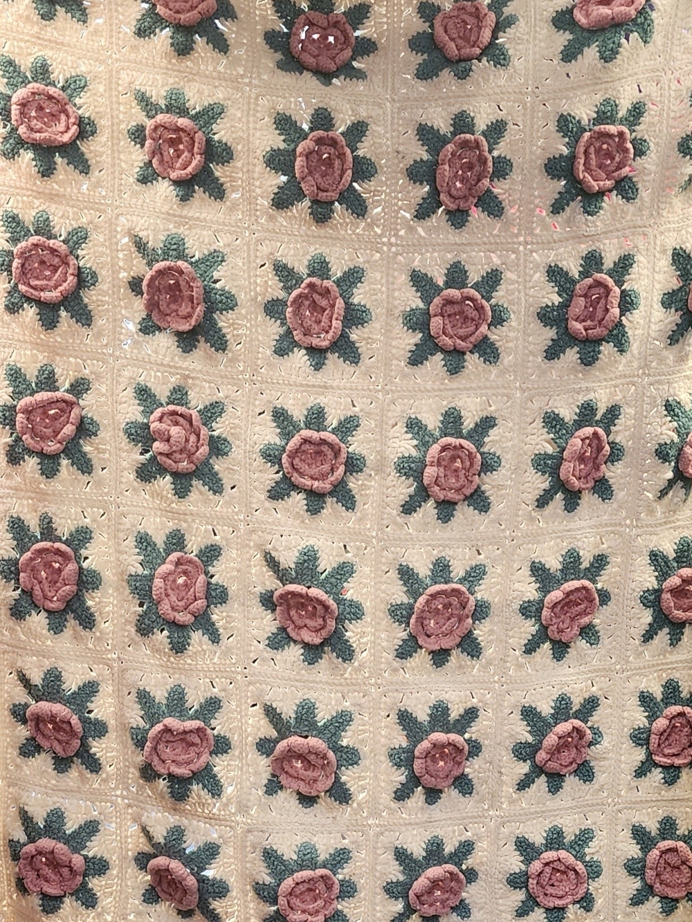 Handmade Crochet Rose Blanket - Pink & Green Floral Squares 38" x 56"